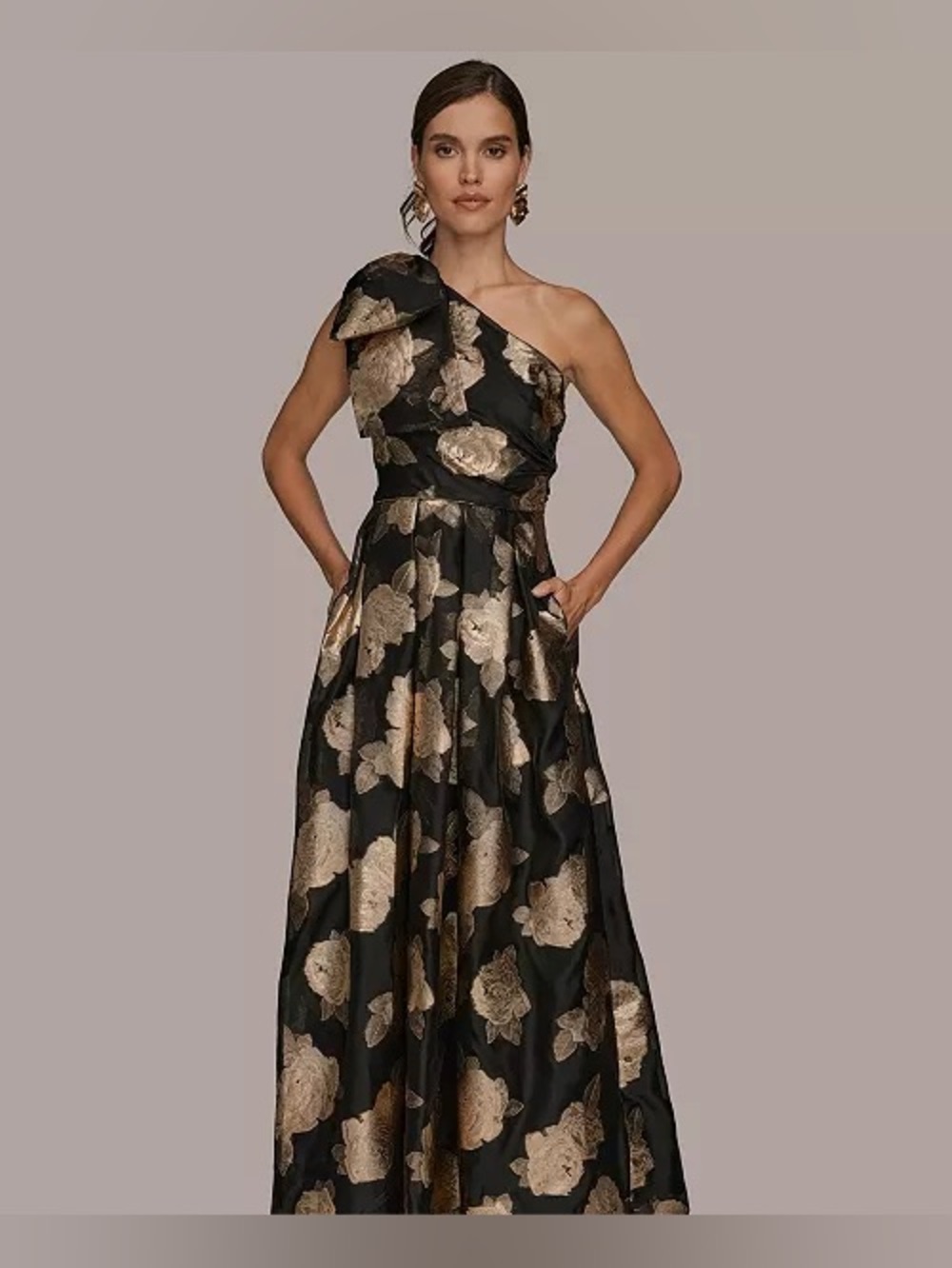 NEW Donna Karan New York One-Shoulder Metallic Jacquard Gown In Black & Gold - Picture 14 of 15